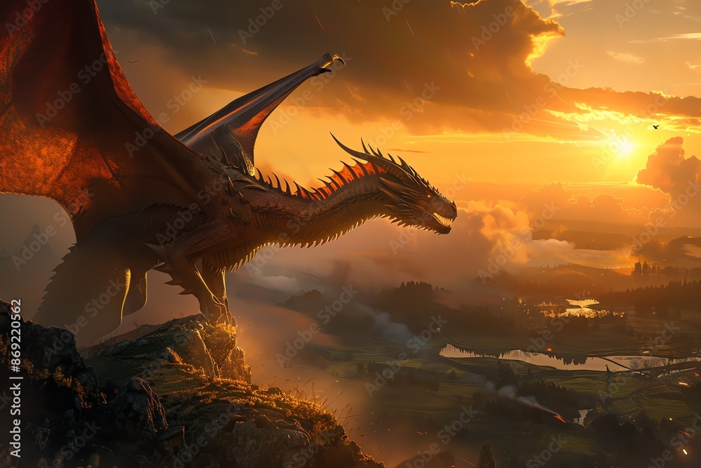 Side view of a mystical dragon soaring over a medieval battlefield, photorealistic, rich in textures, dramatic lighting, conveying a blend of fantasy and historical war elements Side view of a mystical dragon soaring over a medieval battlefield, photorealistic, rich in textures, dramatic lighting, conveying a blend of fantasy and historical war elements
