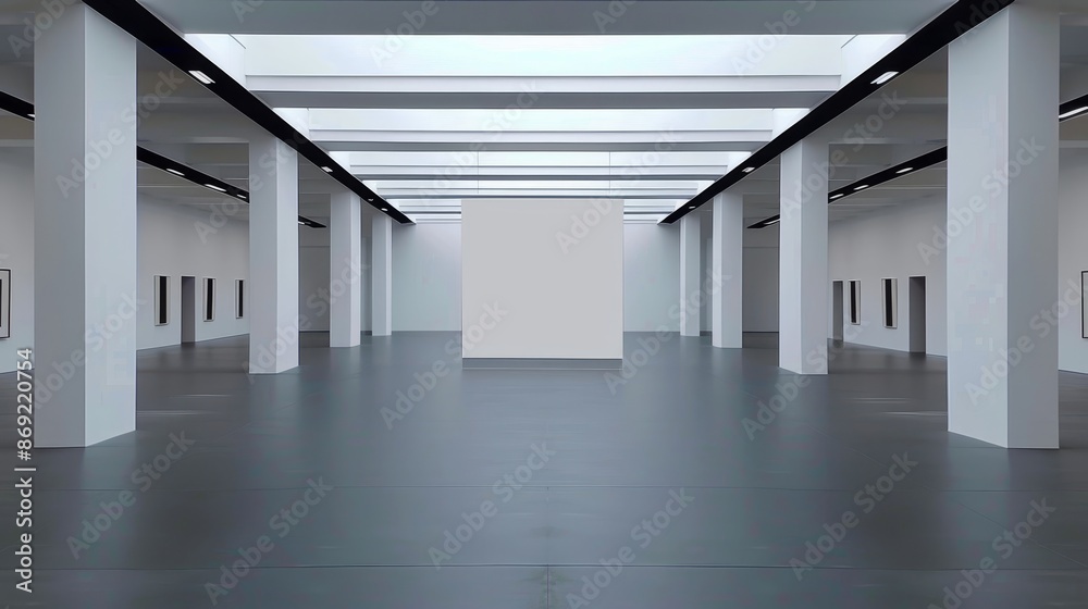 Expansive white exhibition space with rows of pillars. Large skylight illuminates area with natural light. Polished dark floor reflects overhead lighting. Expansive white exhibition space with rows of pillars. Large skylight illuminates area with natural light. Polished dark floor reflects overhead lighting.