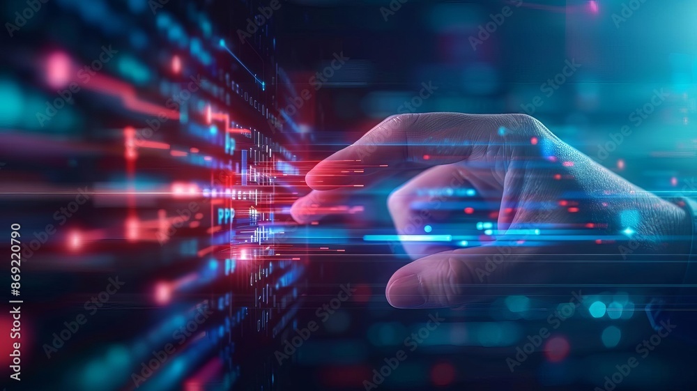 A hand reaches out to interact with a digital data interface, highlighting advanced technology and futuristic data manipulation. A hand reaches out to interact with a digital data interface, highlighting advanced technology and futuristic data manipulation.