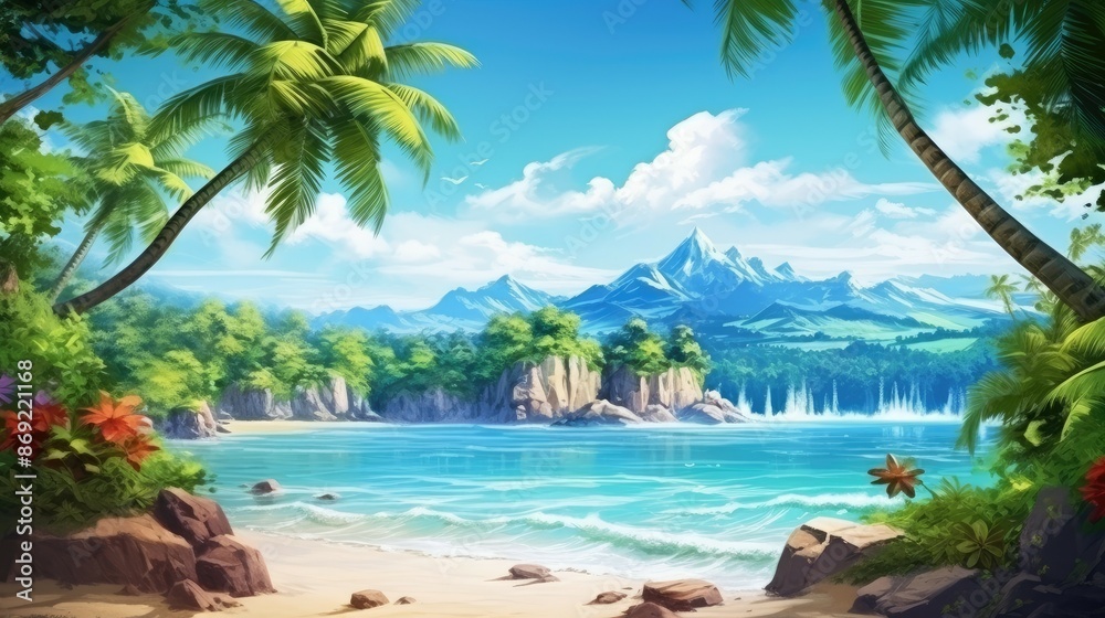 Beautiful summer landscape with a tropical beach, palm trees and mountains in the background. Beautiful summer landscape with a tropical beach, palm trees and mountains in the background.