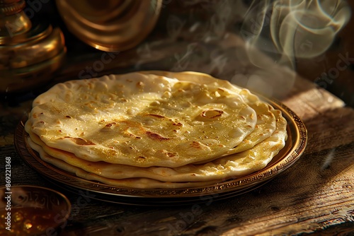 Wide-angle view of freshly baked Roti, golden-brown crust, resting on a rustic wooden table, photorealistic detailing, steam rising, warm and inviting ambiance