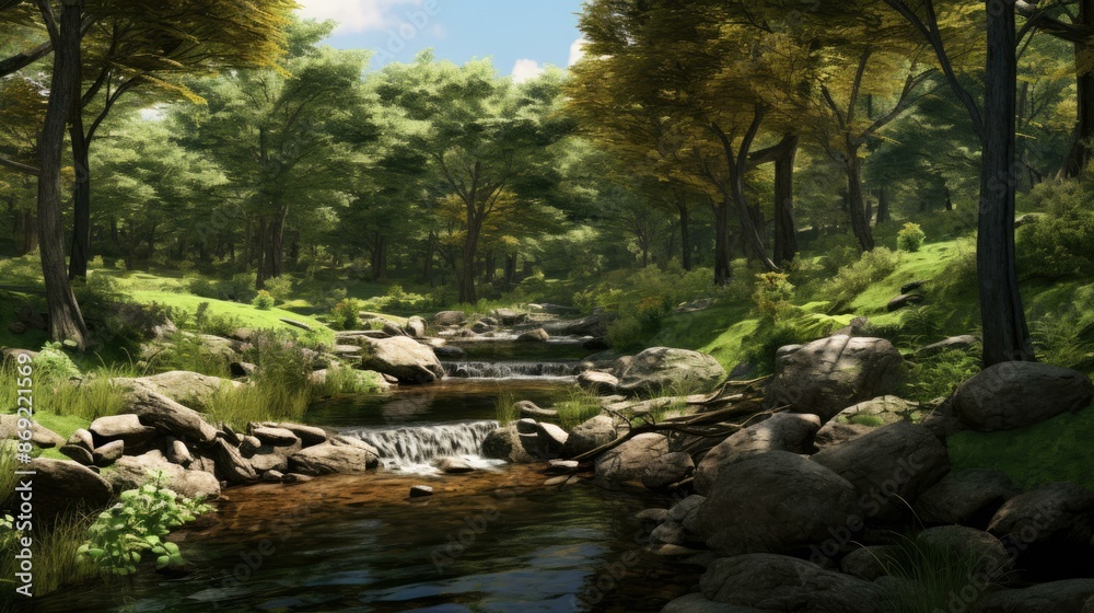 A beautiful landscape with a river flowing through a forest. The trees are tall and green, and the water is clear and blue. A beautiful landscape with a river flowing through a forest. The trees are tall and green, and the water is clear and blue.