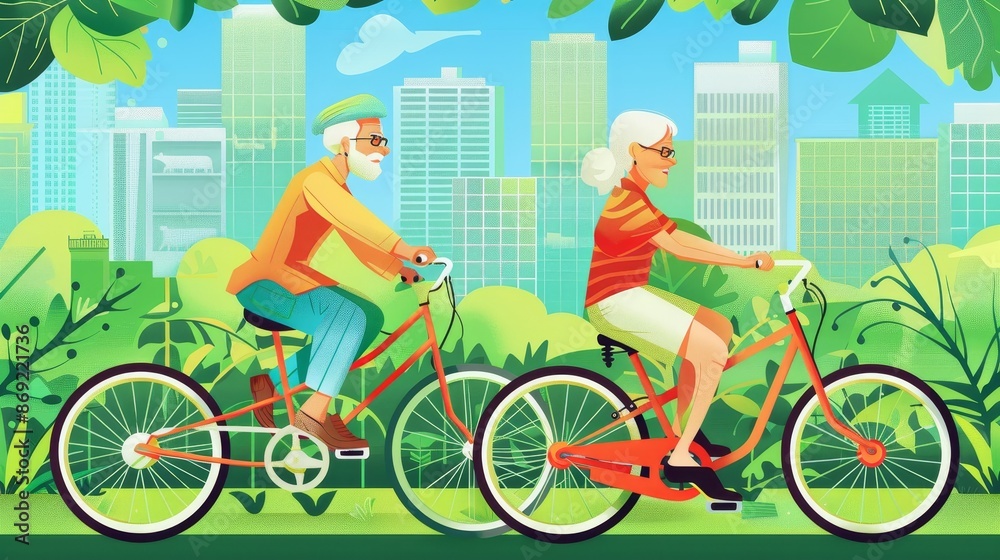 Modern cartoon illustration of elderly couple cycling in summer city park. Concept of active lifestyle, healthy activity. Modern cartoon illustration of elderly couple cycling in summer city park. Concept of active lifestyle, healthy activity.