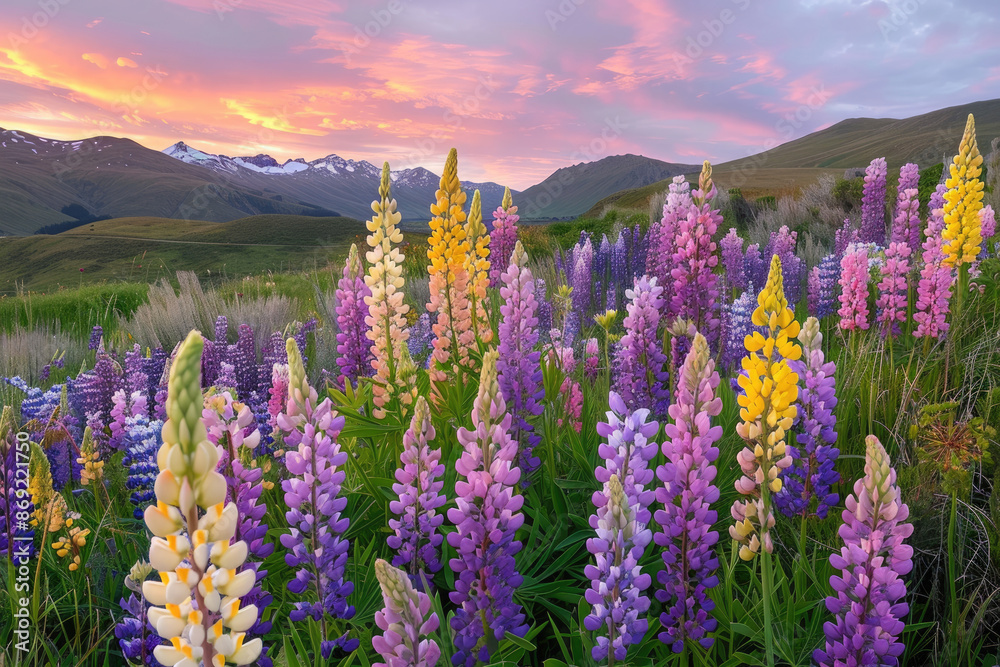 Fototapeta premium At sunset, purple string flowers bloom on the grassland