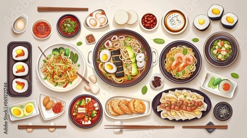 The world's most popular Korean cuisine for cafés and restaurants. Illustration set featuring soup and gimbap, mandoo and noodle with meat and eggs, spices and chopsticks. photo