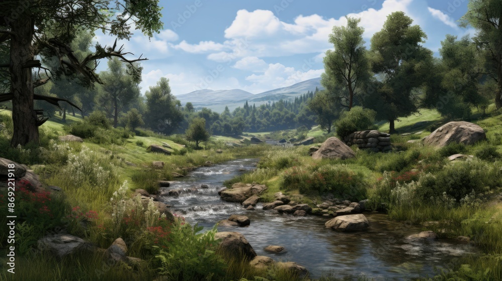 A beautiful landscape with a river running through it. The river is surrounded by green trees and grass. There are mountains in the background. A beautiful landscape with a river running through it. The river is surrounded by green trees and grass. There are mountains in the background.
