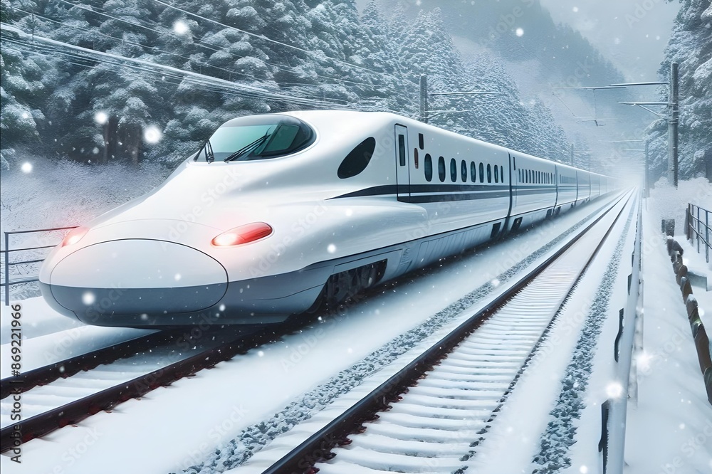 Fototapeta premium Modern Bullet Train Speeding Through Snowy Woods in a Winter Wonderland