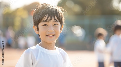 校庭　運動場　体操服の少年