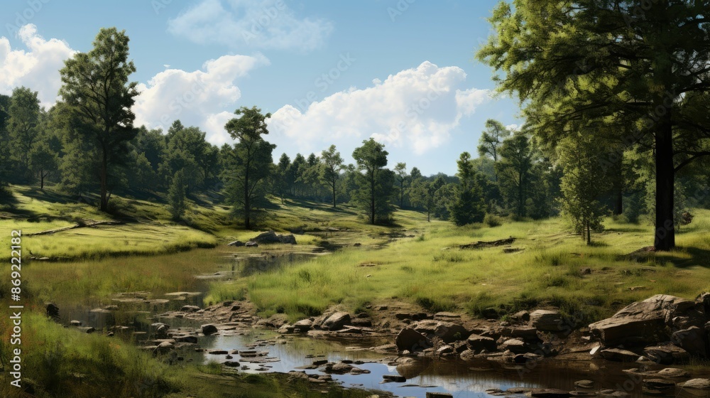 A beautiful landscape with a river running through it. The river is surrounded by green trees and grass. The sky is blue and there are white clouds. A beautiful landscape with a river running through it. The river is surrounded by green trees and grass. The sky is blue and there are white clouds.