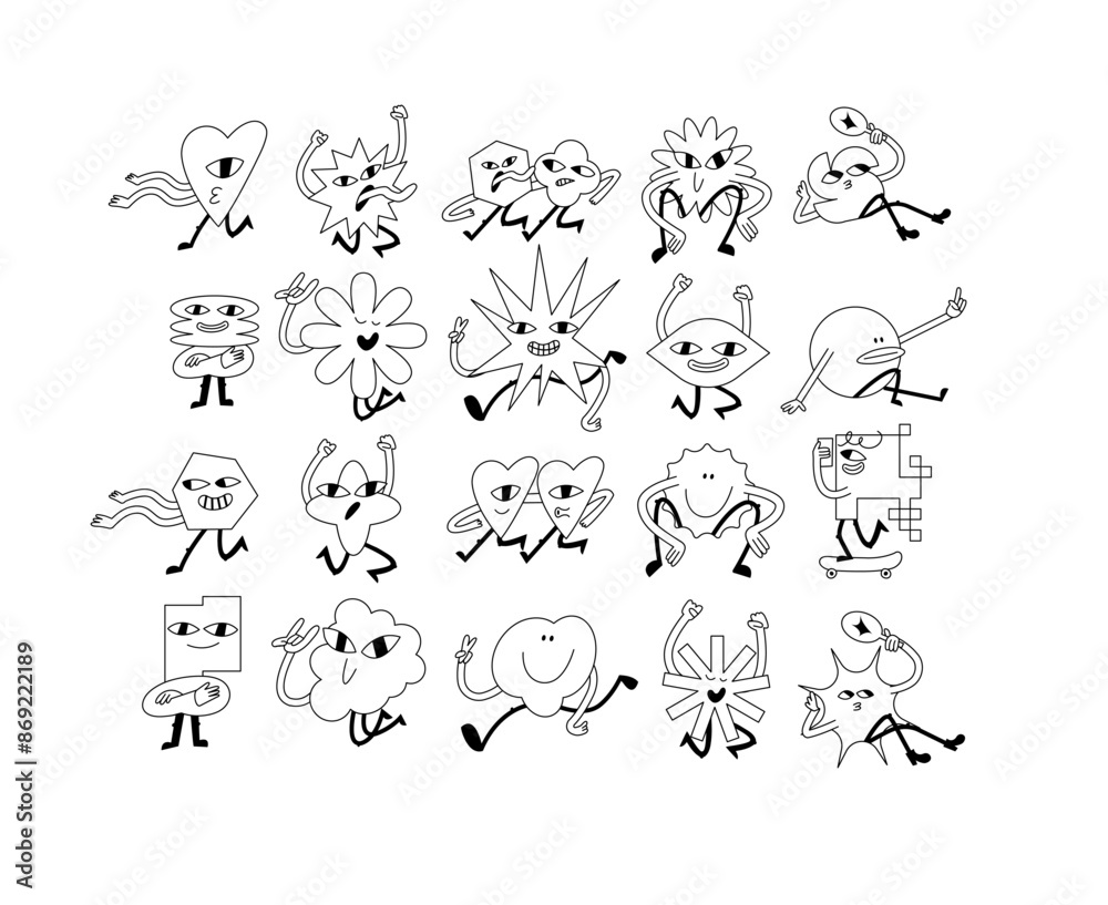 Fototapeta premium Vector illustration set of characters ?n retro style and typography quote. Groovy stickers with for print