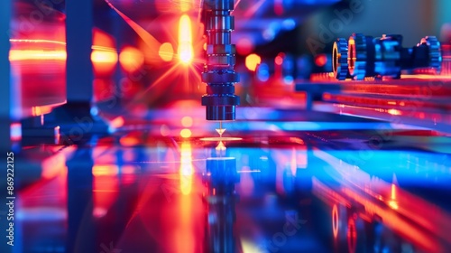 A close-up shot of a laser beam reflecting on a glass surface, with red and blue lighting illuminating the scene