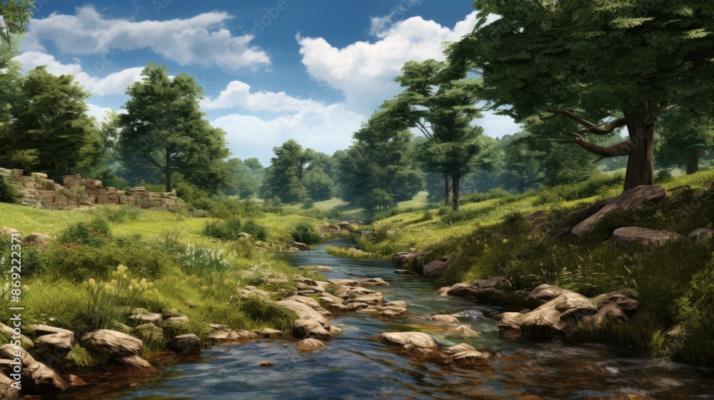 A beautiful landscape with a river running through it. The river is surrounded by green trees and grass. The sky is blue and there are white clouds.