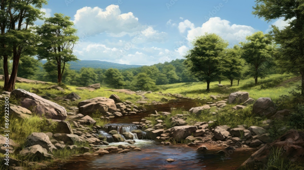A beautiful landscape with a river running through it. The river is surrounded by green trees and grass.