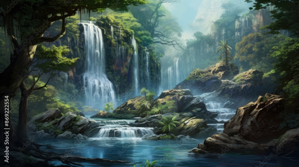 A beautiful waterfall in a lush green jungle. The water is crystal clear and the air is fresh and invigorating. A beautiful waterfall in a lush green jungle. The water is crystal clear and the air is fresh and invigorating.