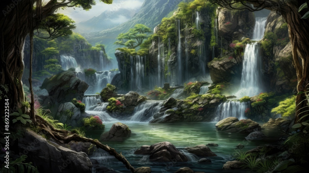A beautiful landscape with a waterfall and a mountain in the background. The waterfall is surrounded by green trees and plants. A beautiful landscape with a waterfall and a mountain in the background. The waterfall is surrounded by green trees and plants.