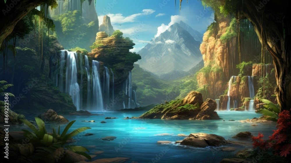 lush green jungle with waterfalls and a blue lagoon. The perfect setting for a relaxing and refreshing getaway.