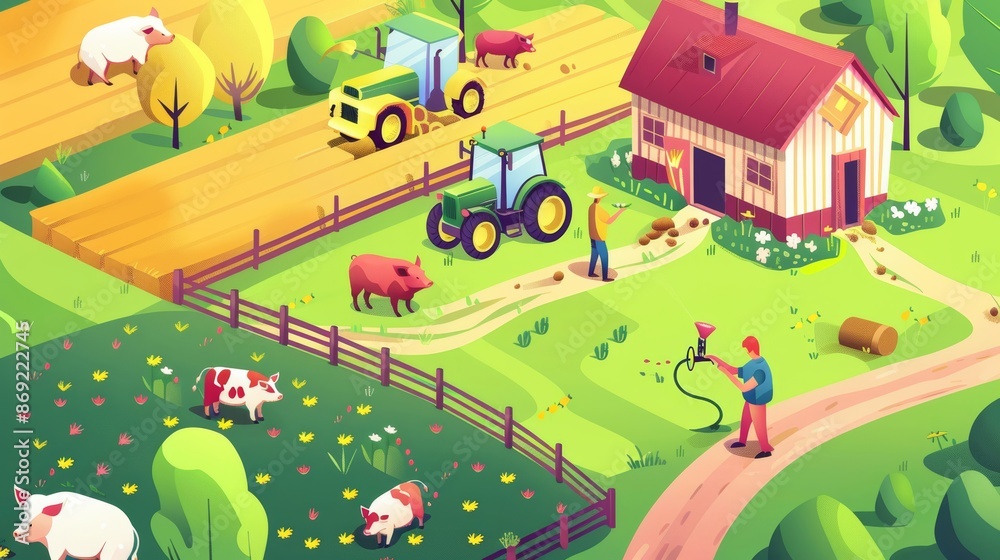 The traditional farm isometric landing page shows farmers in a garden or field, using tractor machinery, feeding pigs or cows, harvesting. Village agriculture, animal husbandry 3D modern line art web The traditional farm isometric landing page shows farmers in a garden or field, using tractor machinery, feeding pigs or cows, harvesting. Village agriculture, animal husbandry 3D modern line art web
