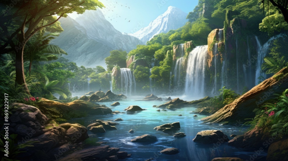 A beautiful landscape with a waterfall in the middle. A beautiful landscape with a waterfall in the middle.