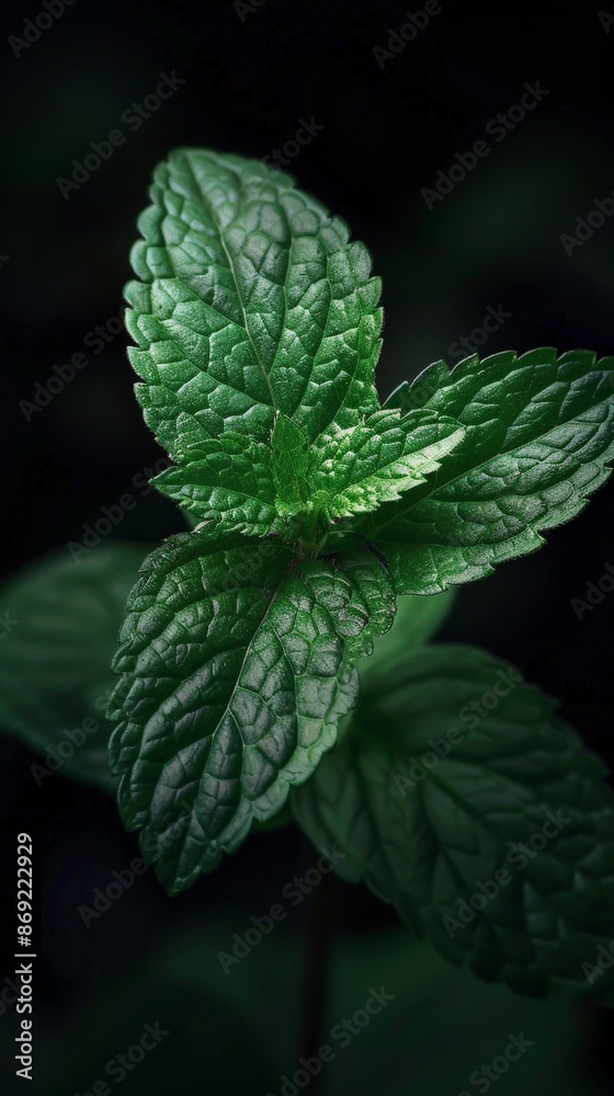 A close-up of spearmint leaves against a dark background A close-up of spearmint leaves against a dark background