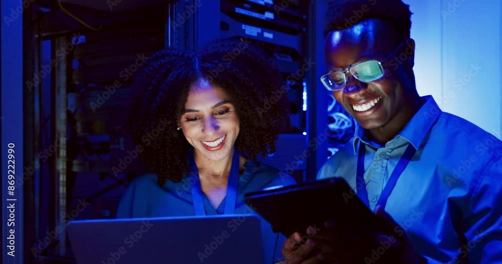 Programmer, high five and server for network, software development and talk for business and connectivity. Man, woman and tech for code, laptop and tablet in conversation for information technology