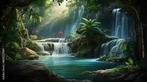 The image is a beautiful landscape of a tropical rainforest. The scene is full of lush vegetation.