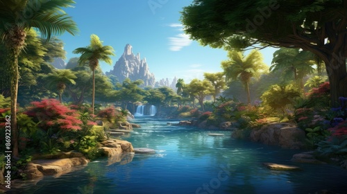 lush green foliage and bright flowers surround a tranquil river flowing through a vibrant jungle landscape © BozStock