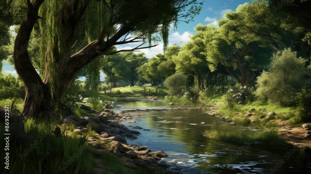 Obraz premium The sun shines through the trees and sparkles on the water in this beautiful forest river landscape.