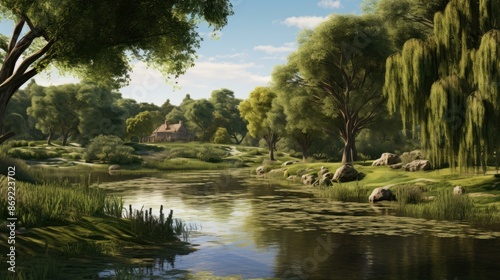 Small cottage near the lake surrounded by trees and greenery. The cottage has a thatched roof and a chimney.