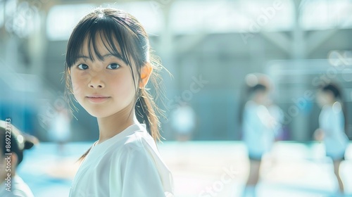 体育館の体操服の少女