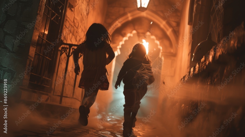 Thrilling children running in a medieval palace interior with kids at the back. Spooky spider web and torch in dark masonry temple or house. Thrilling children running in a medieval palace interior with kids at the back. Spooky spider web and torch in dark masonry temple or house.