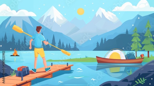 A boy plays with a baseball bat near a mountain lake dock. A boat on a rope near a wooden pier on a river landscape. Children travel to shore on a wharf in a summer park. An isolated teenager on the