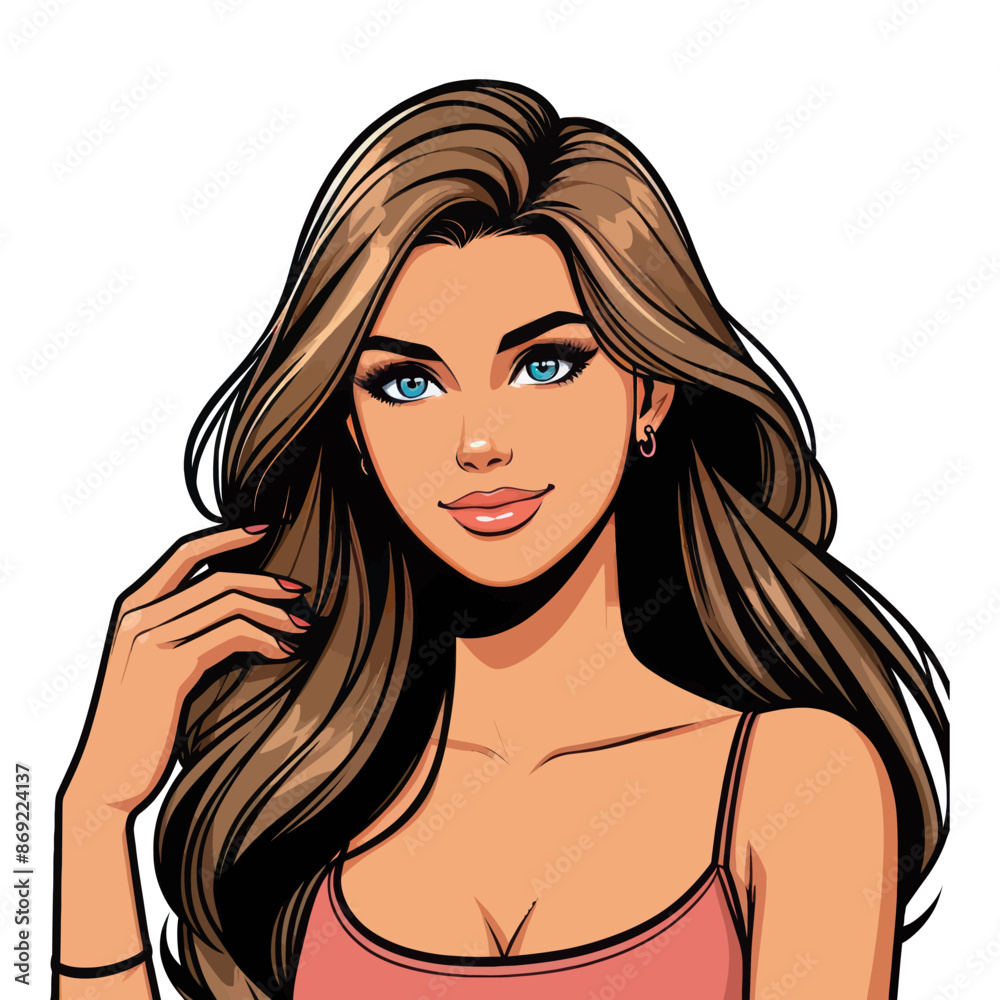 Vector illustration of a girl with long brown hair, wearing a pink top. The portrait highlights her big blue eyes, friendly smile, and stylish look. Vector illustration of a girl with long brown hair, wearing a pink top. The portrait highlights her big blue eyes, friendly smile, and stylish look.