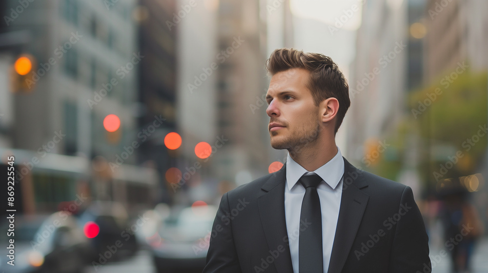 A businessman in a suit pausing on a busy sidewalk, lost in thought amidst the bustling city environment. A businessman in a suit pausing on a busy sidewalk, lost in thought amidst the bustling city environment.