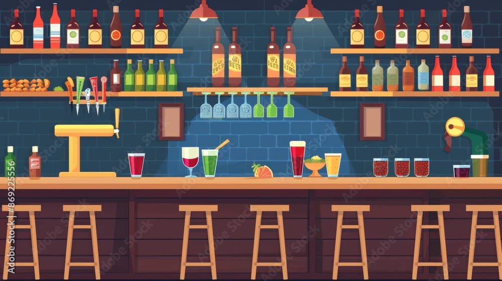 Bar counter and table for pub interior cartoon. Stage with alcohol ...
