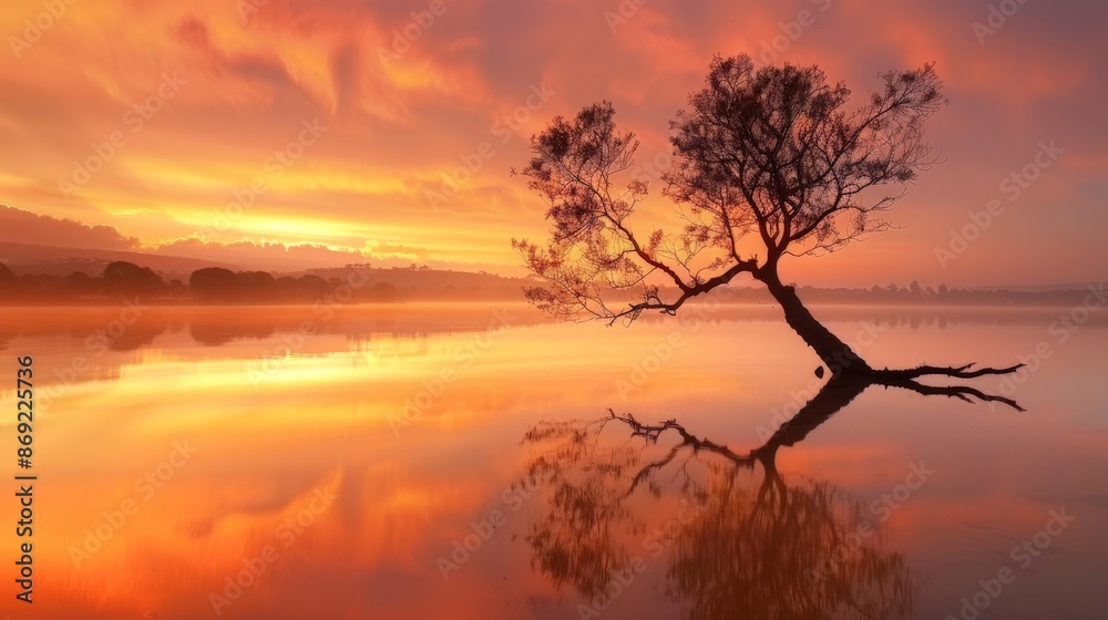 Fototapeta premium A lone tree stands in a lake at sunrise, its reflection mirrored in the still water. The sky is ablaze with vibrant orange and pink hues.
