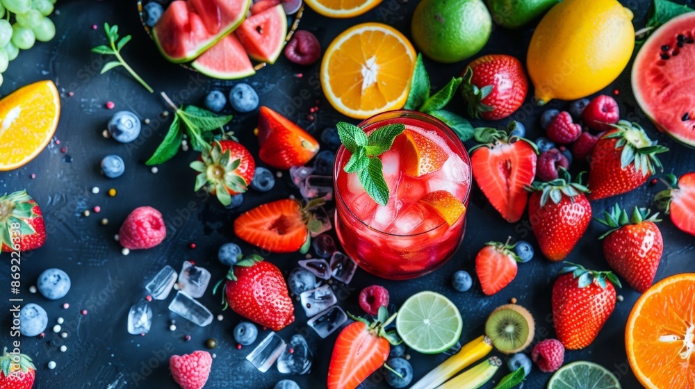 A vibrant mix of fresh fruits and berries arranged on a dark background, with a glass of red juice in the center. A vibrant mix of fresh fruits and berries arranged on a dark background, with a glass of red juice in the center.