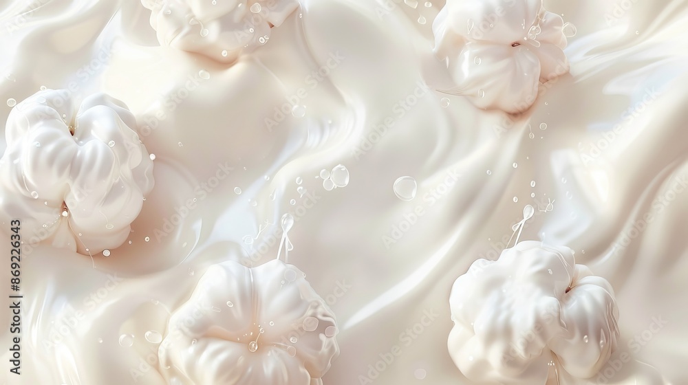 This is a realistic 3D illustration of a soft and milky organic product for body and face skin care. A white natural organic cream, protein shower gel or soap in natural colors.