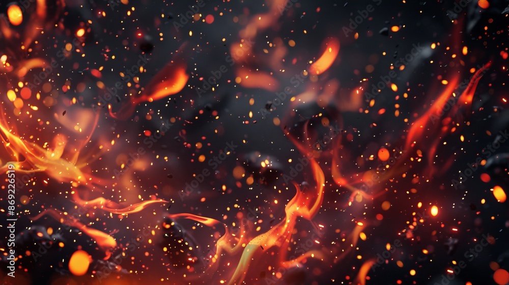 Overlay of fire sparks on cloud with smoke and flames. Abstract illustration of realistic flying orange sparkles. Hell bonfire fiery with hot cinders. Overlay of fire sparks on cloud with smoke and flames. Abstract illustration of realistic flying orange sparkles. Hell bonfire fiery with hot cinders.