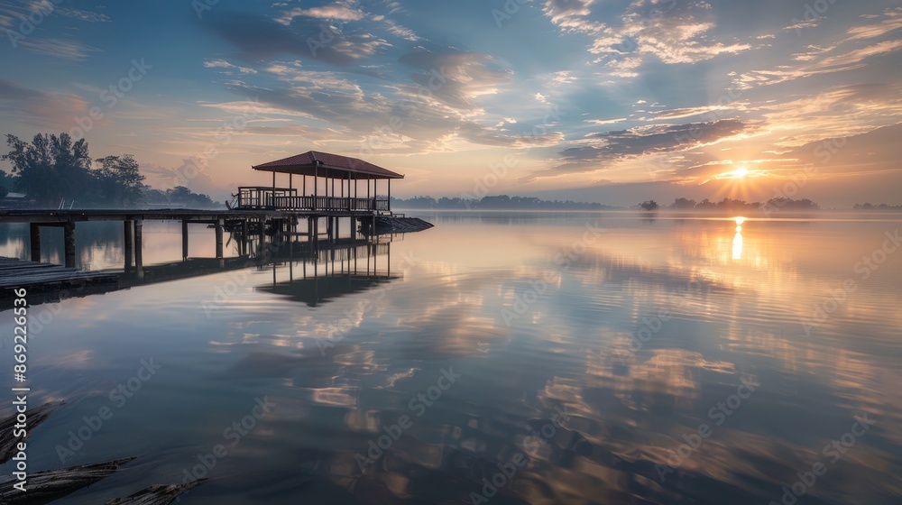 A wooden pier extends into a calm lake at sunrise, with a gazebo at the end and a beautiful reflection of the sky and clouds in the water. A wooden pier extends into a calm lake at sunrise, with a gazebo at the end and a beautiful reflection of the sky and clouds in the water.