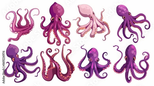 Cthulhu's hands and legs isolated on white with octopus, squid or kraken tentacles. Scary sea monster arms with purple and pink giant tentacles.