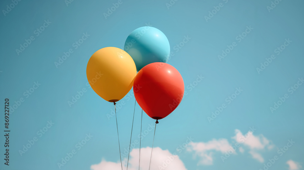 Three colorful balloons floating against a blue sky with clouds. The balloons are red, yellow, and blue, creating a bright and cheerful scene Three colorful balloons floating against a blue sky with clouds. The balloons are red, yellow, and blue, creating a bright and cheerful scene