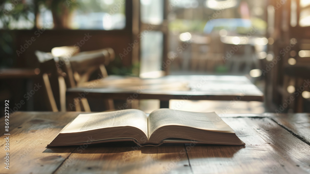 Open book on wooden table in cozy café. Warm sunlight and blurred background create inviting and peaceful atmosphere
