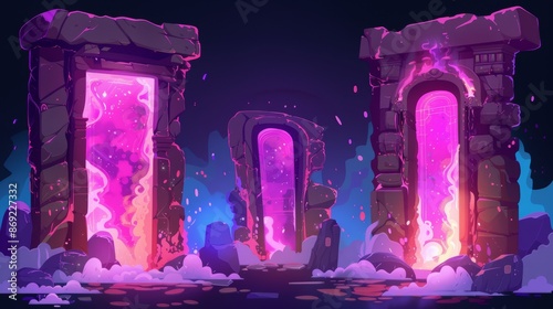 Modern illustration of a magical fantasy game door with glowing portal. Cartoon modern illustrations with stone and wood jambs and luminous teleport entrances. photo