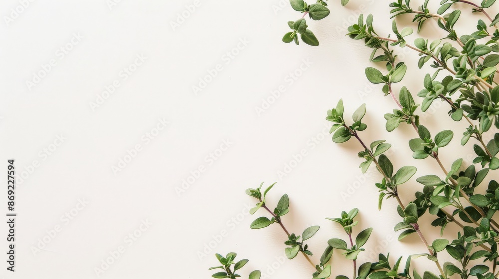 A close-up shot of thyme leaves arranged on a white background A close-up shot of thyme leaves arranged on a white background