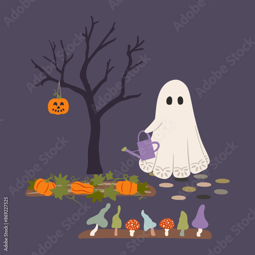 Halloween garden vector illustration. Cute ghost holding watering can, autumn vegetable patch with pumpkins and toadstool mushrooms, spooky tree with carved jack-o-lantern. Scary holiday night scene