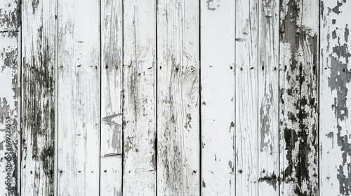 Weathered white wooden planks with peeling paint and visible grain. Rustic and aged appearance adds character and texture. © Bonsales