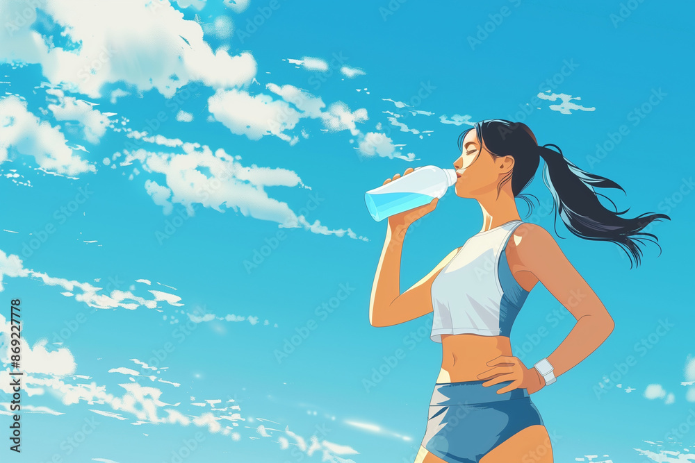 Asian woman drinking water during exercise, with blue sky on background, simple modern flat design illustration Asian woman drinking water during exercise, with blue sky on background, simple modern flat design illustration