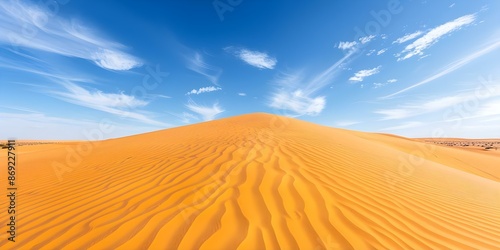 Expansive desert with golden dunes blue sky scattered clouds intricate wind patterns. Concept Desert Landscape, Golden Dunes, Blue Sky, Scattered Clouds, Wind Patterns