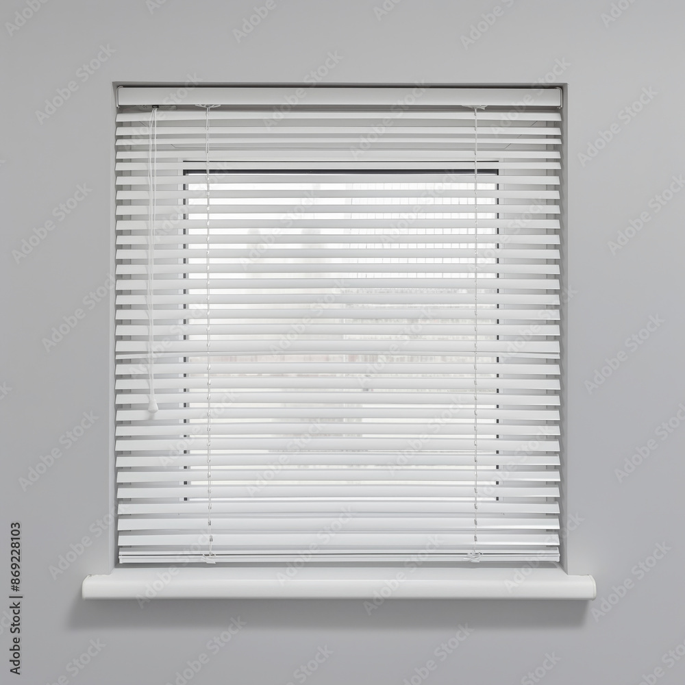 Closed window blinds in white frame casting shadows on grey wall. Minimalistic design with soft natural light filtering through slats Closed window blinds in white frame casting shadows on grey wall. Minimalistic design with soft natural light filtering through slats