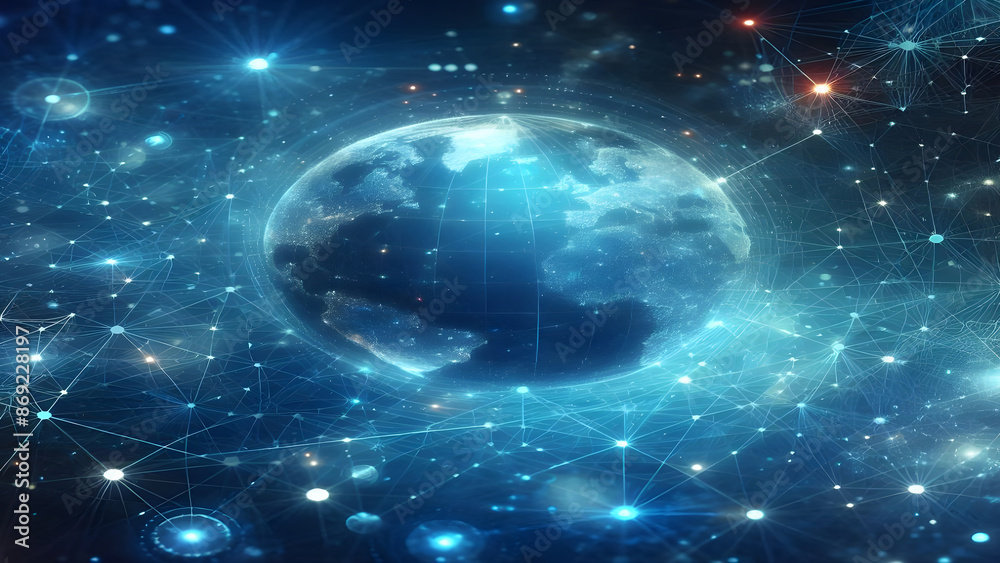 Obraz premium Blue abstract background with network grid and particles